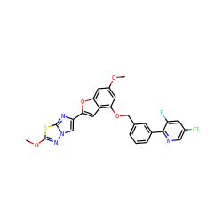 COc1cc(OCc2cccc(-c3ncc(Cl)cc3F)c2)c2cc(-c3cn4nc(OC)sc4n3)oc2c1 ZINC000144521925