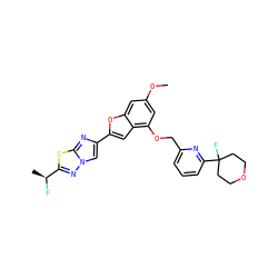 COc1cc(OCc2cccc(C3(F)CCOCC3)n2)c2cc(-c3cn4nc([C@H](C)F)sc4n3)oc2c1 ZINC000144517079