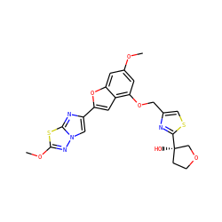 COc1cc(OCc2csc([C@]3(O)CCOC3)n2)c2cc(-c3cn4nc(OC)sc4n3)oc2c1 ZINC000205737266