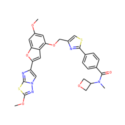 COc1cc(OCc2csc(-c3ccc(C(=O)N(C)C4COC4)cc3)n2)c2cc(-c3cn4nc(OC)sc4n3)oc2c1 ZINC000143200059