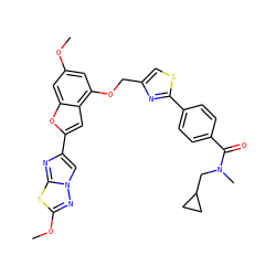 COc1cc(OCc2csc(-c3ccc(C(=O)N(C)CC4CC4)cc3)n2)c2cc(-c3cn4nc(OC)sc4n3)oc2c1 ZINC000653665415