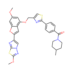 COc1cc(OCc2csc(-c3ccc(C(=O)N4CCC(C)CC4)cc3)n2)c2cc(-c3cn4nc(OC)sc4n3)oc2c1 ZINC000653670669