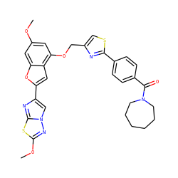 COc1cc(OCc2csc(-c3ccc(C(=O)N4CCCCCC4)cc3)n2)c2cc(-c3cn4nc(OC)sc4n3)oc2c1 ZINC000653670649
