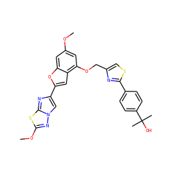 COc1cc(OCc2csc(-c3ccc(C(C)(C)O)cc3)n2)c2cc(-c3cn4nc(OC)sc4n3)oc2c1 ZINC000205663610