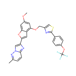 COc1cc(OCc2csc(-c3ccc(OC(F)(F)F)cc3)n2)c2cc(-c3cn4nc(C)ccc4n3)oc2c1 ZINC000223017776