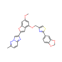 COc1cc(OCc2csc(-c3ccc4c(c3)OCO4)n2)c2cc(-c3cn4nc(C)ccc4n3)oc2c1 ZINC000653679919