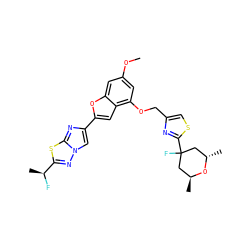 COc1cc(OCc2csc(C3(F)C[C@H](C)O[C@@H](C)C3)n2)c2cc(-c3cn4nc([C@H](C)F)sc4n3)oc2c1 ZINC000143364780