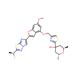 COc1cc(OCc2csc(C3(O)C[C@@H](C)O[C@H](C)C3)n2)c2cc(-c3cn4nc([C@H](C)F)sc4n3)oc2c1 ZINC000653674060