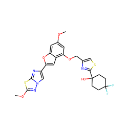 COc1cc(OCc2csc(C3(O)CCC(F)(F)CC3)n2)c2cc(-c3cn4nc(OC)sc4n3)oc2c1 ZINC000205749739