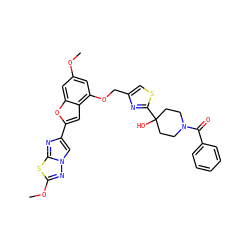 COc1cc(OCc2csc(C3(O)CCN(C(=O)c4ccccc4)CC3)n2)c2cc(-c3cn4nc(OC)sc4n3)oc2c1 ZINC000143328489