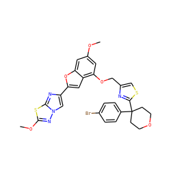 COc1cc(OCc2csc(C3(c4ccc(Br)cc4)CCOCC3)n2)c2cc(-c3cn4nc(OC)sc4n3)oc2c1 ZINC000205763028