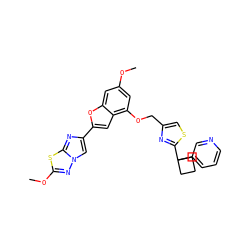 COc1cc(OCc2csc(C3(c4cccnc4)CCC3)n2)c2cc(-c3cn4nc(OC)sc4n3)oc2c1 ZINC000223024981