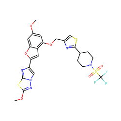 COc1cc(OCc2csc(C3CCN(S(=O)(=O)C(F)(F)F)CC3)n2)c2cc(-c3cn4nc(OC)sc4n3)oc2c1 ZINC000205721987