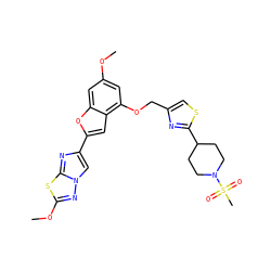 COc1cc(OCc2csc(C3CCN(S(C)(=O)=O)CC3)n2)c2cc(-c3cn4nc(OC)sc4n3)oc2c1 ZINC000205714410