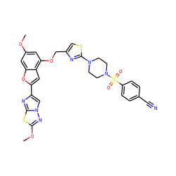 COc1cc(OCc2csc(N3CCN(S(=O)(=O)c4ccc(C#N)cc4)CC3)n2)c2cc(-c3cn4nc(OC)sc4n3)oc2c1 ZINC000205701912