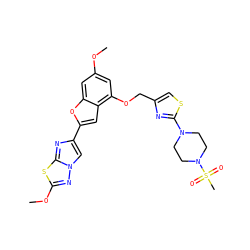 COc1cc(OCc2csc(N3CCN(S(C)(=O)=O)CC3)n2)c2cc(-c3cn4nc(OC)sc4n3)oc2c1 ZINC000205701888