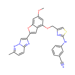 COc1cc(OCc2csc(Nc3cccc(C#N)c3)n2)c2cc(-c3cn4nc(C)ccc4n3)oc2c1 ZINC000653672747