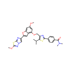 COc1cc(OCc2nc(-c3ccc(C(=O)N(C)C)cc3)sc2C(C)C)c2cc(-c3cn4nc(OC)sc4n3)oc2c1 ZINC000223016088