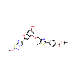 COc1cc(OCc2nc(-c3ccc(C(=O)OC(C)(C)C)cc3)sc2C)c2cc(-c3cn4nc(OC)sc4n3)oc2c1 ZINC000143243807