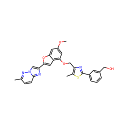 COc1cc(OCc2nc(-c3cccc(CO)c3)sc2C)c2cc(-c3cn4nc(C)ccc4n3)oc2c1 ZINC000653666156