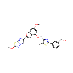 COc1cc(OCc2nc(-c3cccc(CO)c3)sc2C)c2cc(-c3cn4nc(OC)sc4n3)oc2c1 ZINC000653675513