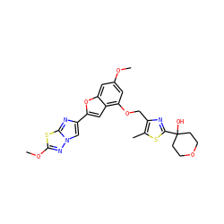COc1cc(OCc2nc(C3(O)CCOCC3)sc2C)c2cc(-c3cn4nc(OC)sc4n3)oc2c1 ZINC000205737306