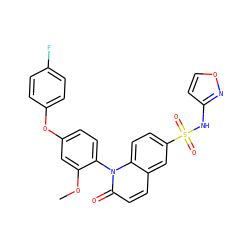 COc1cc(Oc2ccc(F)cc2)ccc1-n1c(=O)ccc2cc(S(=O)(=O)Nc3ccon3)ccc21 ZINC000221866020