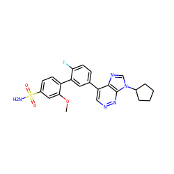 COc1cc(S(N)(=O)=O)ccc1-c1cc(-c2cnnc3c2ncn3C2CCCC2)ccc1F ZINC000218113601