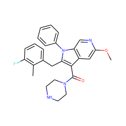 COc1cc2c(C(=O)N3CCNCC3)c(Cc3cccc(F)c3C)n(-c3ccccc3)c2cn1 ZINC000072180334