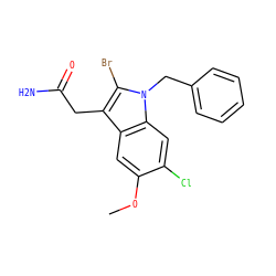 COc1cc2c(CC(N)=O)c(Br)n(Cc3ccccc3)c2cc1Cl ZINC000013446049