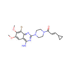 COc1cc2c(N)nc(N3CCN(C(=O)/C=C/C4CC4)CC3)nc2c(Br)c1OC ZINC001772619660