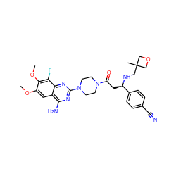 COc1cc2c(N)nc(N3CCN(C(=O)C[C@@H](NCC4(C)COC4)c4ccc(C#N)cc4)CC3)nc2c(F)c1OC ZINC000210248214