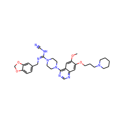 COc1cc2c(N3CCN(/C(=N\Cc4ccc5c(c4)OCO5)NC#N)CC3)ncnc2cc1OCCCN1CCCCC1 ZINC000028390101