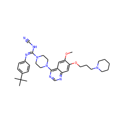 COc1cc2c(N3CCN(/C(=N\c4ccc(C(C)(C)C)cc4)NC#N)CC3)ncnc2cc1OCCCN1CCCCC1 ZINC000028379930