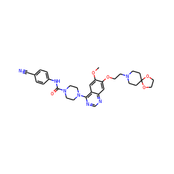 COc1cc2c(N3CCN(C(=O)Nc4ccc(C#N)cc4)CC3)ncnc2cc1OCCN1CCC2(CC1)OCCO2 ZINC000027215947