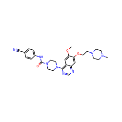 COc1cc2c(N3CCN(C(=O)Nc4ccc(C#N)cc4)CC3)ncnc2cc1OCCN1CCN(C)CC1 ZINC000022925880