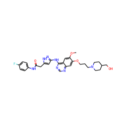 COc1cc2c(Nc3cc(CC(=O)Nc4ccc(F)cc4)[nH]n3)ncnc2cc1OCCCN1CCC(CO)CC1 ZINC000034803077