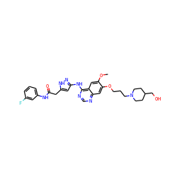 COc1cc2c(Nc3cc(CC(=O)Nc4cccc(F)c4)[nH]n3)ncnc2cc1OCCCN1CCC(CO)CC1 ZINC000034803074