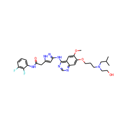 COc1cc2c(Nc3cc(CC(=O)Nc4cccc(F)c4F)[nH]n3)ncnc2cc1OCCCN(CCO)CC(C)C ZINC000034803044