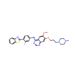 COc1cc2c(Nc3ccc(-c4nc5ccccc5s4)c(F)c3)ncnc2cc1OCCCN1CCN(C)CC1 ZINC000049756920