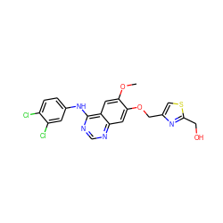 COc1cc2c(Nc3ccc(Cl)c(Cl)c3)ncnc2cc1OCc1csc(CO)n1 ZINC000115597764