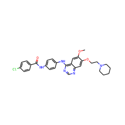 COc1cc2c(Nc3ccc(NC(=O)c4ccc(Cl)cc4)cc3)ncnc2cc1OCCN1CCCCC1 ZINC000653712775