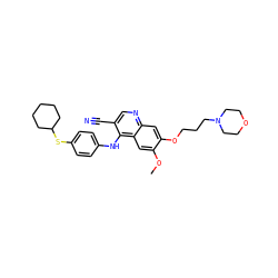 COc1cc2c(Nc3ccc(SC4CCCCC4)cc3)c(C#N)cnc2cc1OCCCN1CCOCC1 ZINC000029212497