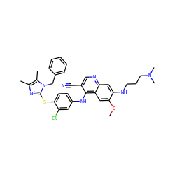 COc1cc2c(Nc3ccc(Sc4nc(C)c(C)n4Cc4ccccc4)c(Cl)c3)c(C#N)cnc2cc1NCCCN(C)C ZINC000044387351