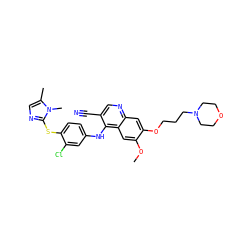 COc1cc2c(Nc3ccc(Sc4ncc(C)n4C)c(Cl)c3)c(C#N)cnc2cc1OCCCN1CCOCC1 ZINC000026830517
