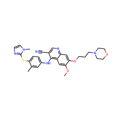COc1cc2c(Nc3ccc(Sc4nccn4C)c(C)c3)c(C#N)cnc2cc1OCCCN1CCOCC1 ZINC000026821428