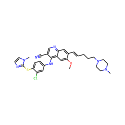 COc1cc2c(Nc3ccc(Sc4nccn4C)c(Cl)c3)c(C#N)cnc2cc1/C=C/CCCN1CCN(C)CC1 ZINC000044350673