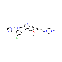 COc1cc2c(Nc3ccc(Sc4nccn4C)c(Cl)c3)c(C#N)cnc2cc1/C=C/CCN1CCN(C)CC1 ZINC000042889524
