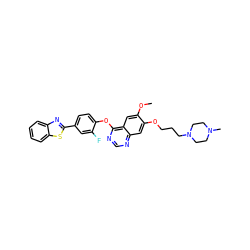 COc1cc2c(Oc3ccc(-c4nc5ccccc5s4)cc3F)ncnc2cc1OCCCN1CCN(C)CC1 ZINC000049767502