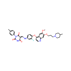 COc1cc2c(Oc3ccc(N/C=C4\C(=O)NC(=O)N(c5ccc(C)cc5)C4=O)cc3F)ccnc2cc1OCCCN1CCC(C)CC1 ZINC000150604247